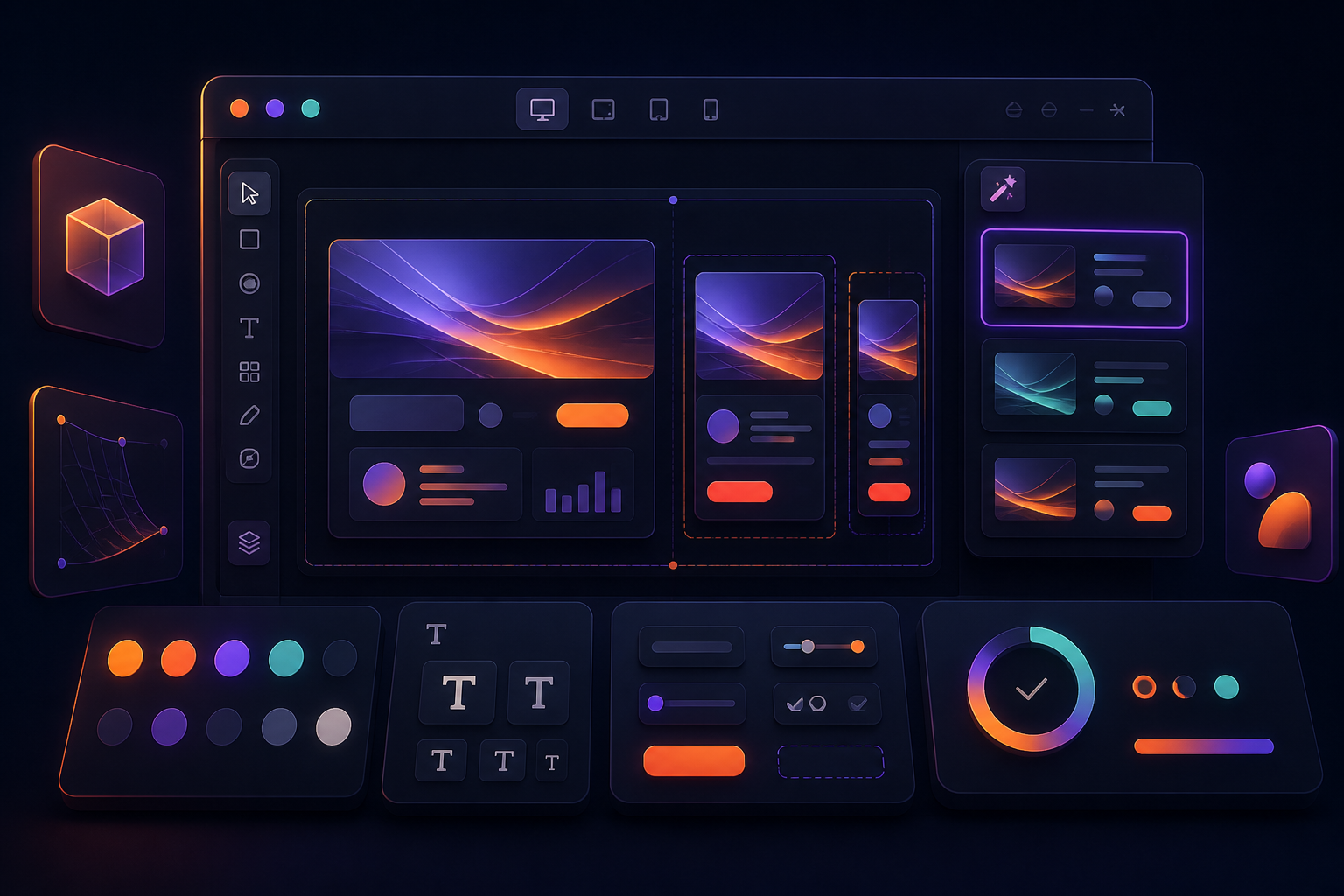 Adaptive responsive design system workspace with web, tablet, and mobile UI layouts
