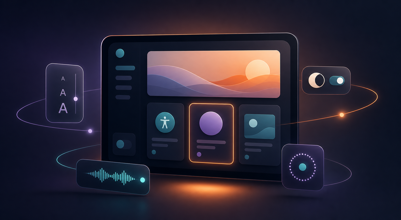 Accessible interface with controls for typography, dark mode, voice input, and focus states