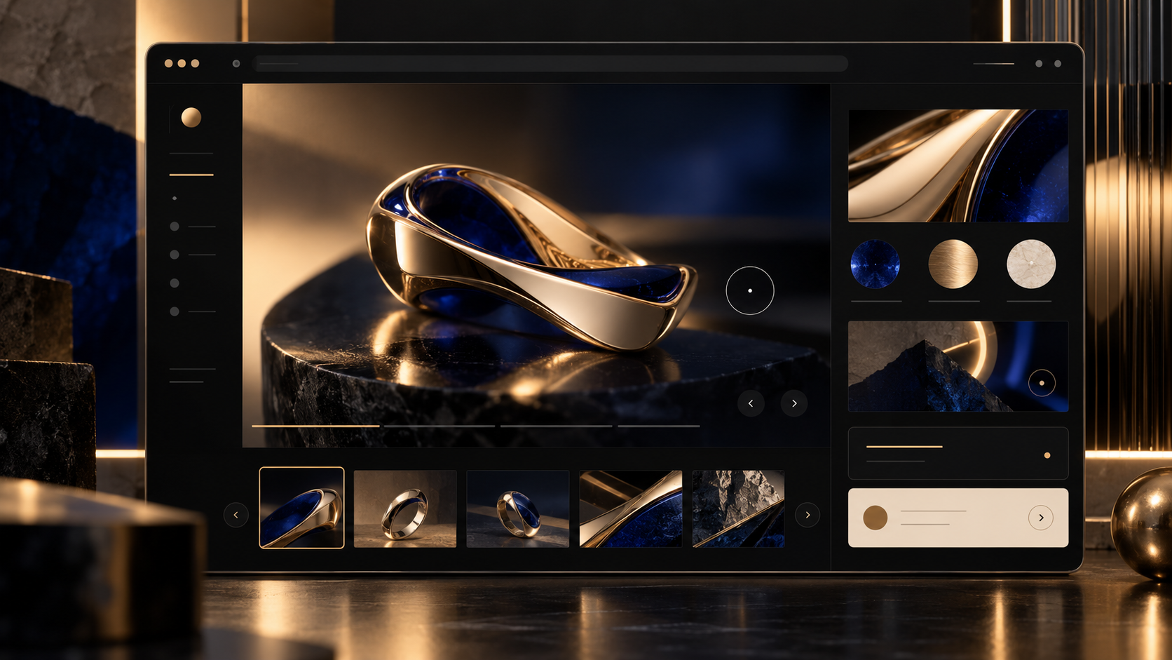 Luxury digital gallery website interface with product-detail controls