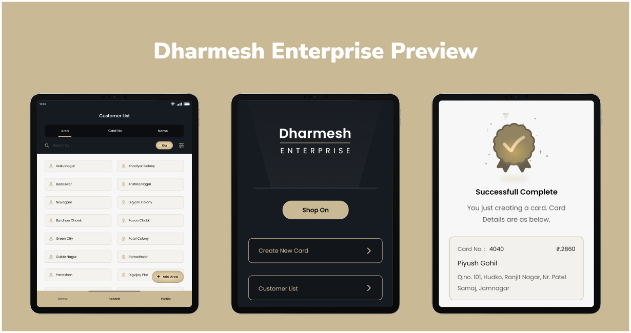 Dharmesh Enterprises mobile UI - home dashboard and business summary