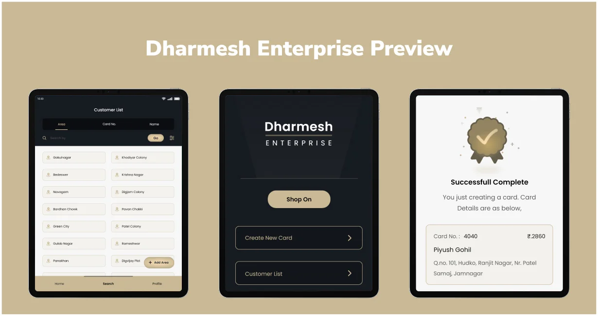 Dharmesh Enterprises mobile UI - home dashboard and business summary